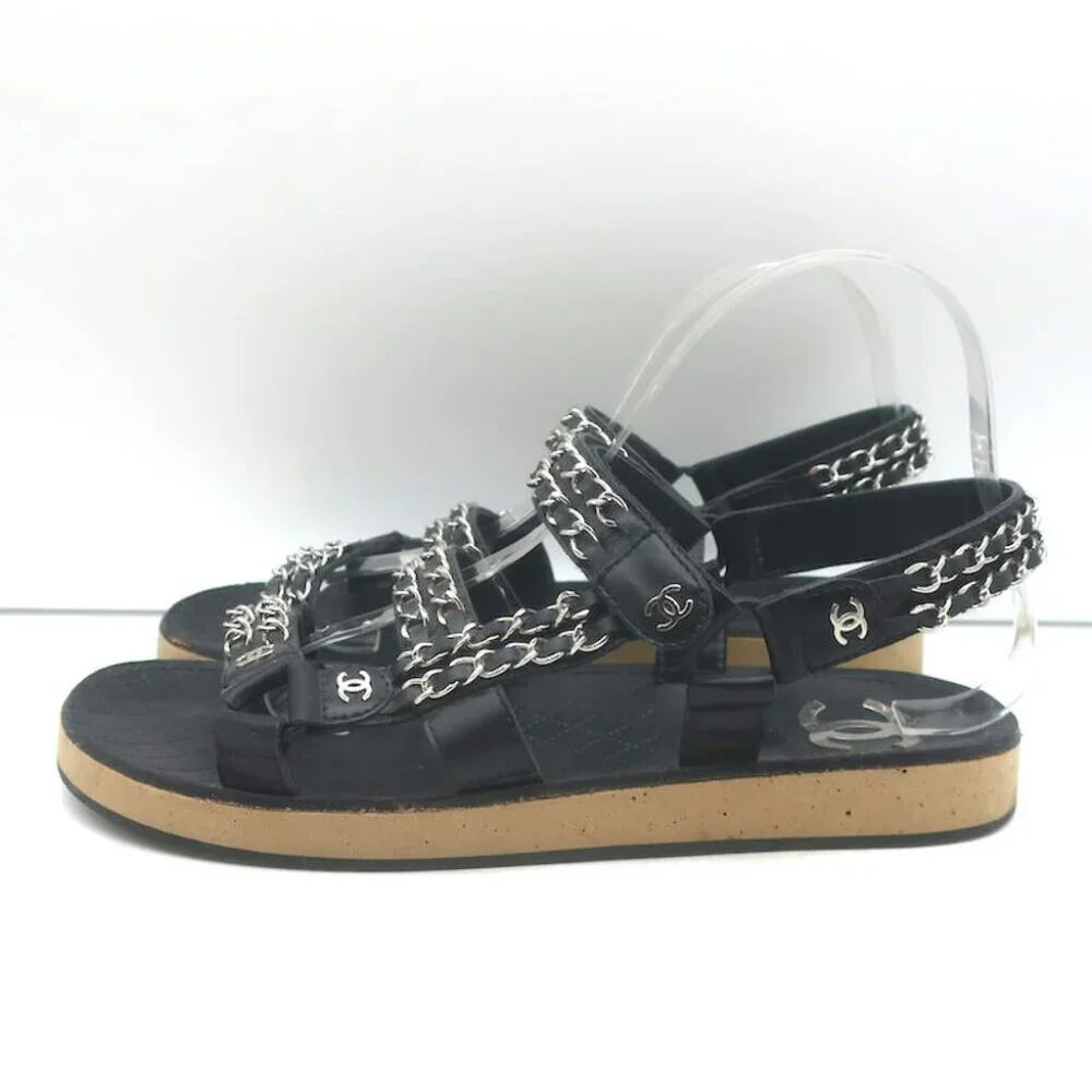 Chanel CC Chain-Trimmed Slingback Sandals Black Leather Size 39 C